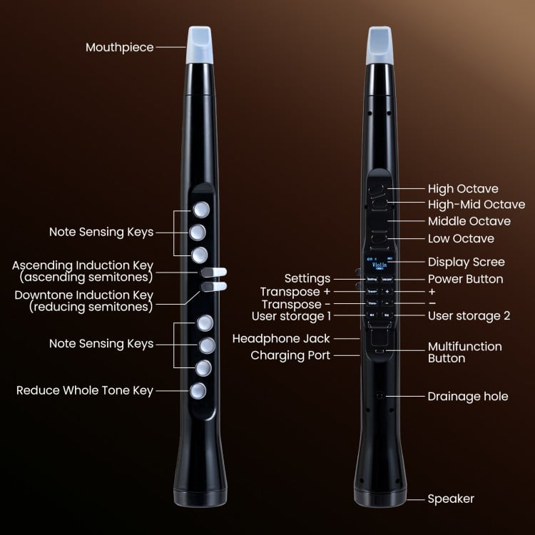 Electronic wind instrument synthesizer in black with touch-sensitive keys and MIDI connectivity for versatile music.