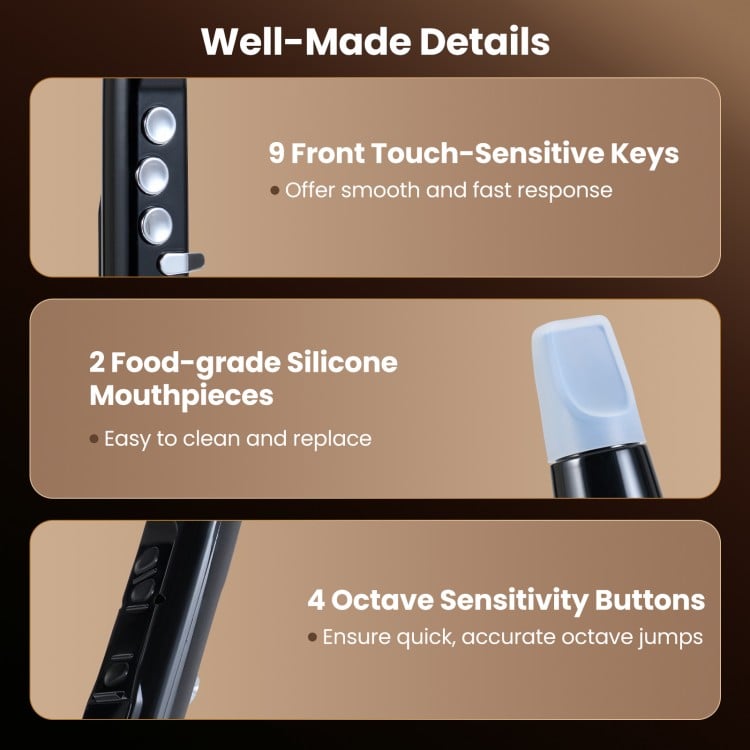 Close-up of the electronic wind instrument's touch-sensitive keys and silicone mouthpiece for easy playability.