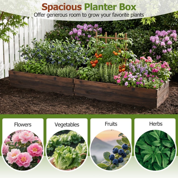 Spacious elevated wooden planter box filled with flowers, vegetables, and herbs, ideal for outdoor gardens and patios.