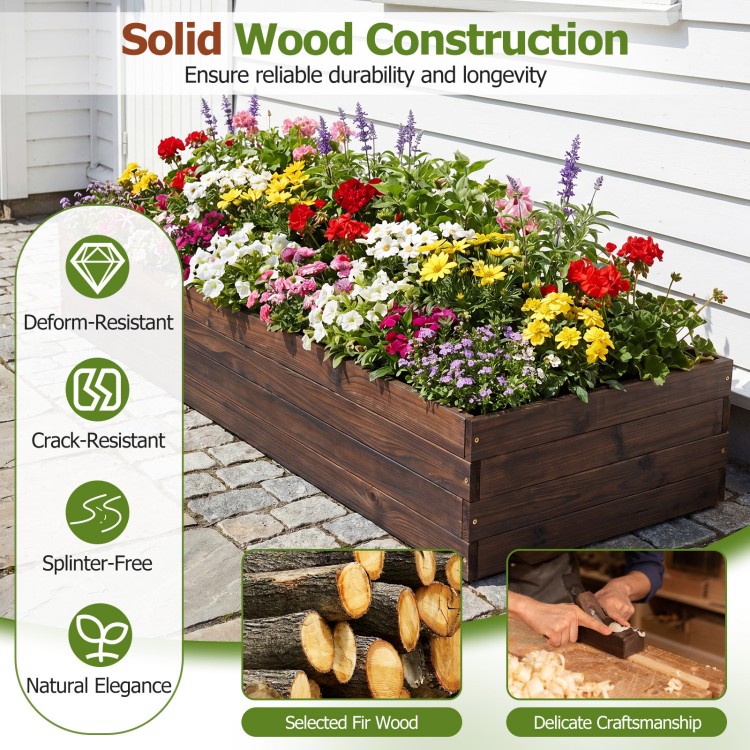 Elevated wooden garden planter box with vibrant flowers, made from fir wood for durability and natural elegance.