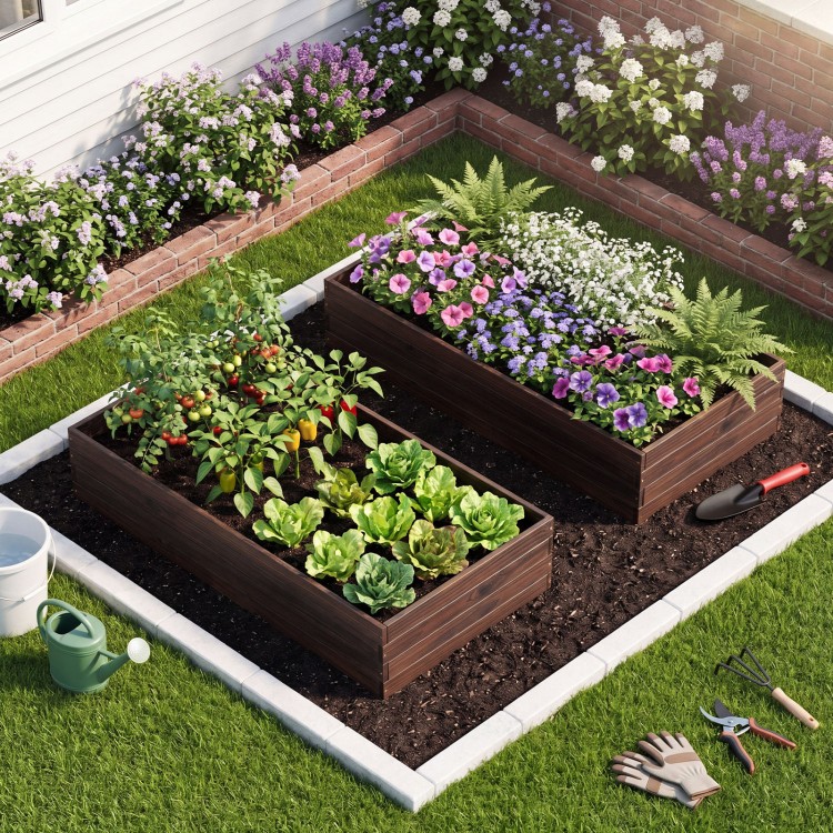 Spacious elevated wooden garden planter box kit with vegetables and flowers, perfect for outdoor gardening.