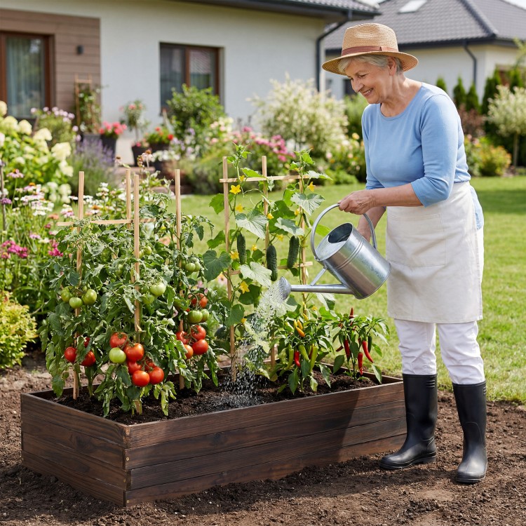 Spacious elevated wooden garden planter box with vegetables, ideal for outdoor gardening on decks or patios.