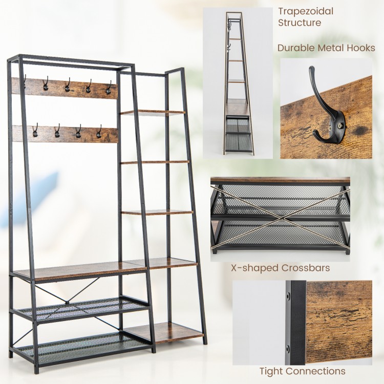 5-in-1 entryway hall tree in rustic brown with 9 hooks and shelves, perfect for organized storage and style.