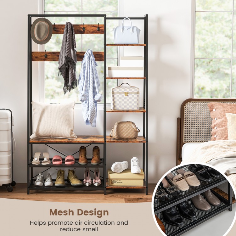 5-in-1 entryway hall tree in rustic brown with 9 hooks and shoe storage, perfect for organizing your space.