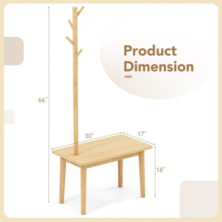 End table with coat rack in natural solid wood, featuring dimensions of 66" height, 30" width, and 17" depth for.
