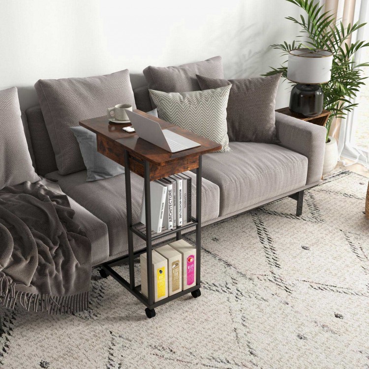 C-shaped end side table in rustic brown featuring a spacious top for laptops, with a lockable base for stability.