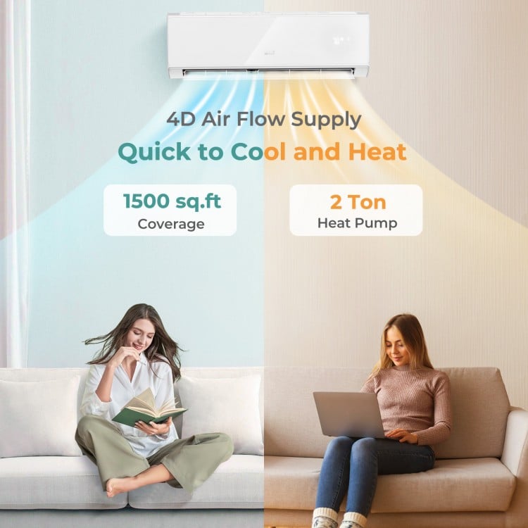 Mini split air conditioner and heater with WiFi, 24000 BTU, 4-in-1 design for efficient cooling and heating.