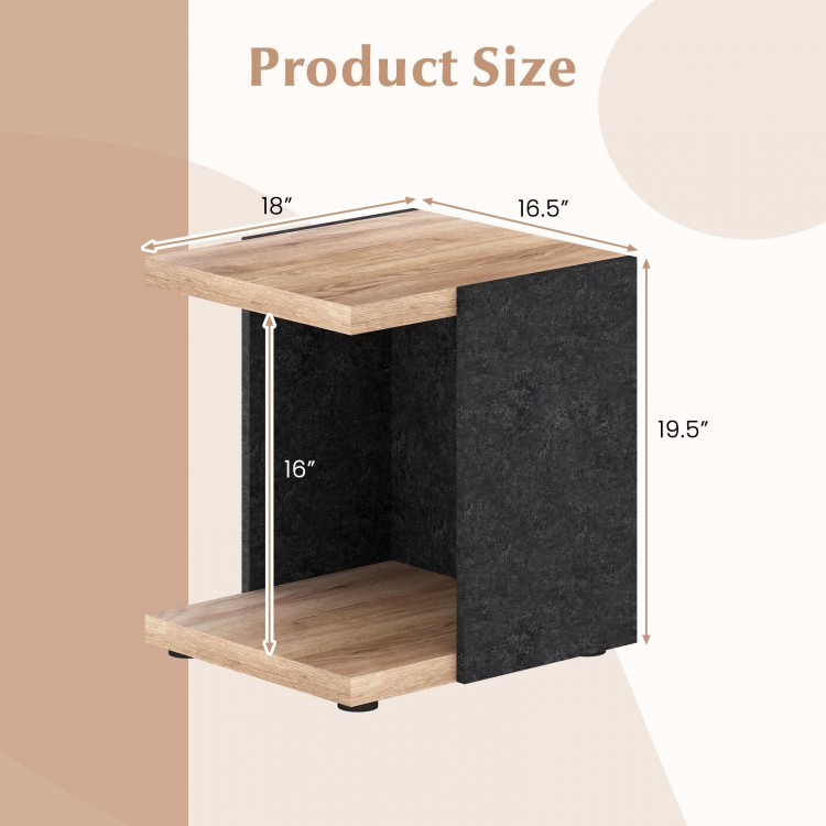 2-tier end table with open storage shelf, oak finish, dimensions 18"x16.5"x19.5", ideal for living room or bedroom.