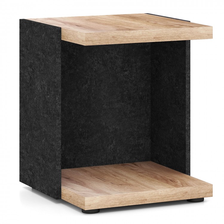 2-tier end table with oak top and black sides, featuring open storage shelf for living room or bedroom use.