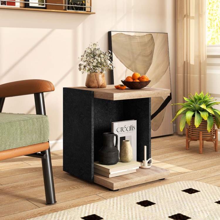 2-tier end table in oak with open storage shelf, ideal for living room or bedroom decor and organization.