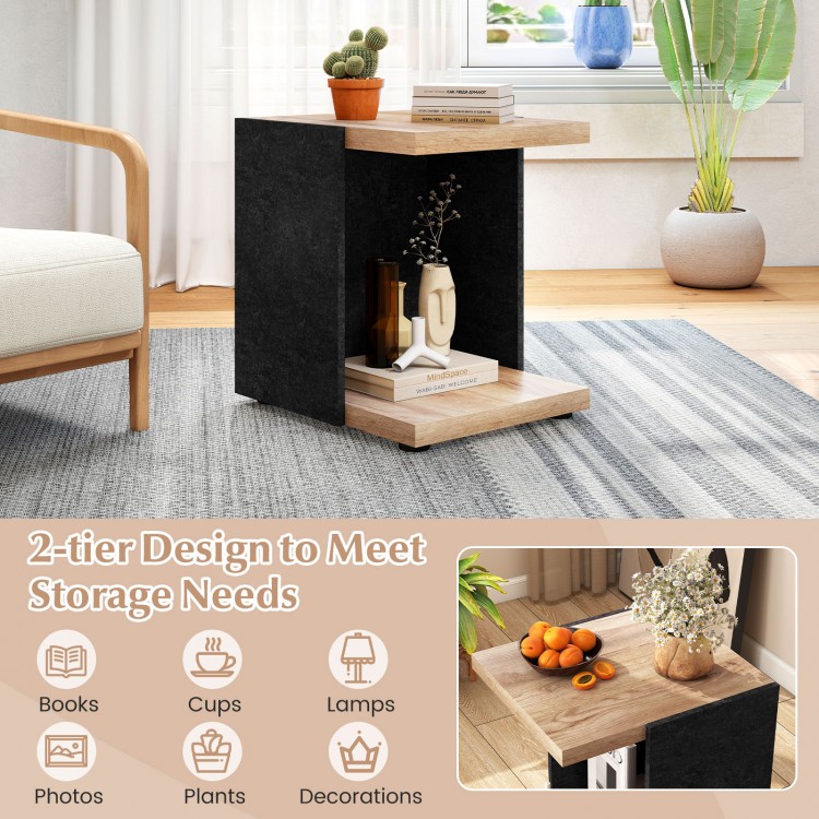 2-tier end table with oak finish, open storage shelf, perfect for lamps and decorations in living room or bedroom.