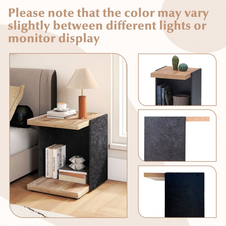 2-tier end table in oak with open storage shelf, ideal for living room or bedroom decor.