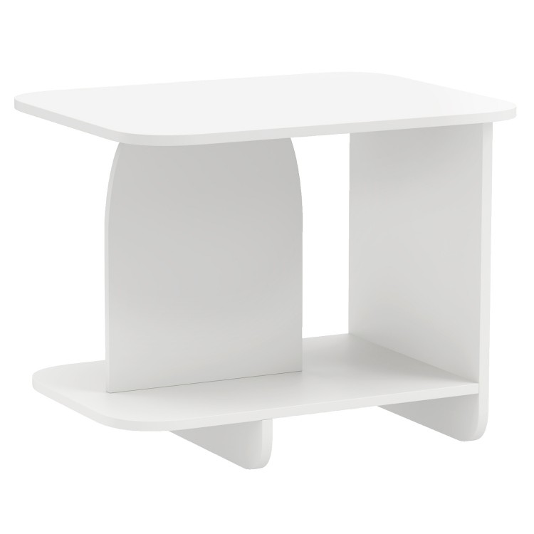 White 2-tier end table with a sleek design, featuring a smooth surface and rounded corners, perfect for any small space.