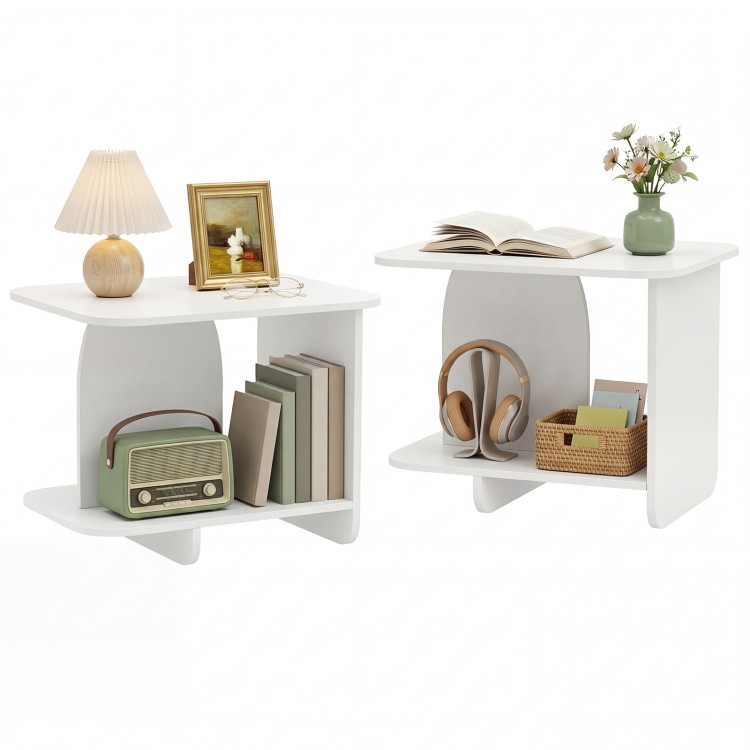 Set of 2 white end tables featuring 2-tier storage, rounded corners, and protective foot pads for versatile use.