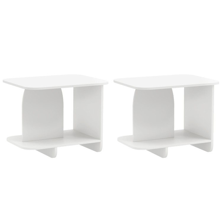 Set of 2 white end tables featuring a 2-tier design with rounded corners and storage shelves for versatile use.