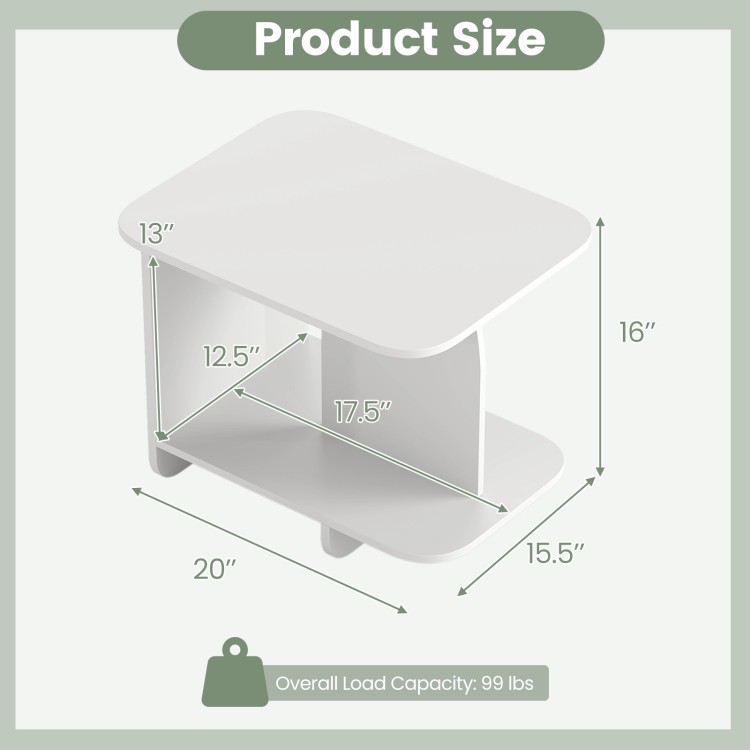 Dimensions of the white 2-tier end table set with storage shelf, ideal for living room or bedroom use.