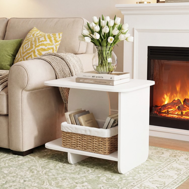 White 2-tier end table with rounded corners and storage shelf, perfect for living room or bedroom use.