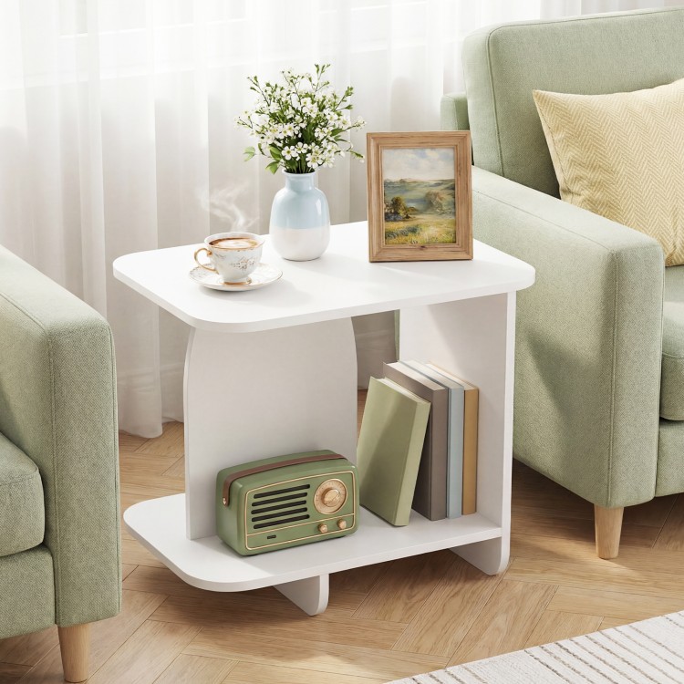White 2-tier end table with rounded corners, featuring a storage shelf, perfect for living room or bedroom use.