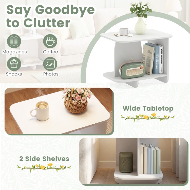 White 2-tier end table set with rounded corners, featuring a wide tabletop and two side shelves for versatile storage.