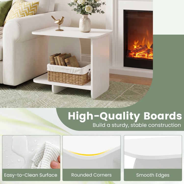 White 2-tier end table with rounded corners and easy-to-clean surface, perfect for living room or bedroom storage.