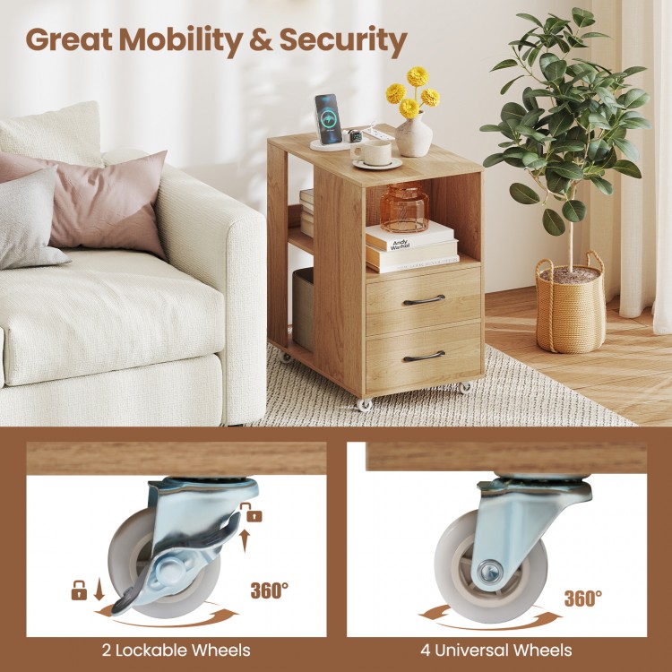 End table on wheels with built-in charging station, featuring 2 drawers and 4 swivel wheels for easy mobility.