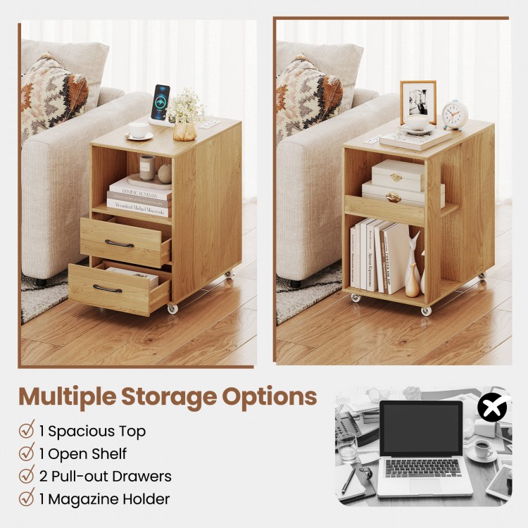 End table with built-in charging station, featuring spacious top, 2 drawers, and wheels for easy movement in natural.