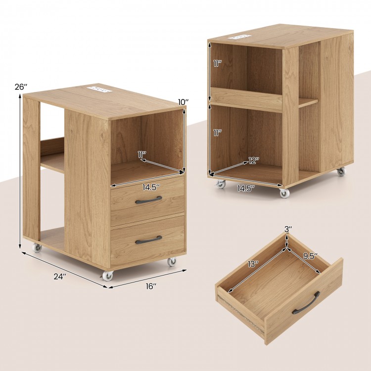 Natural end table on wheels featuring a built-in charging station, two drawers, and three open shelves for versatile.