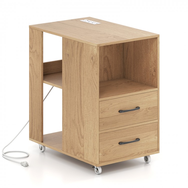 End table with built-in charging station, natural wood finish, two drawers, and wheels for easy mobility.