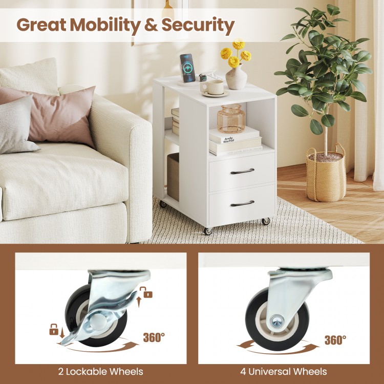 End table on wheels featuring a built-in charging station, 2 drawers, and 360° swivel wheels for easy mobility.
