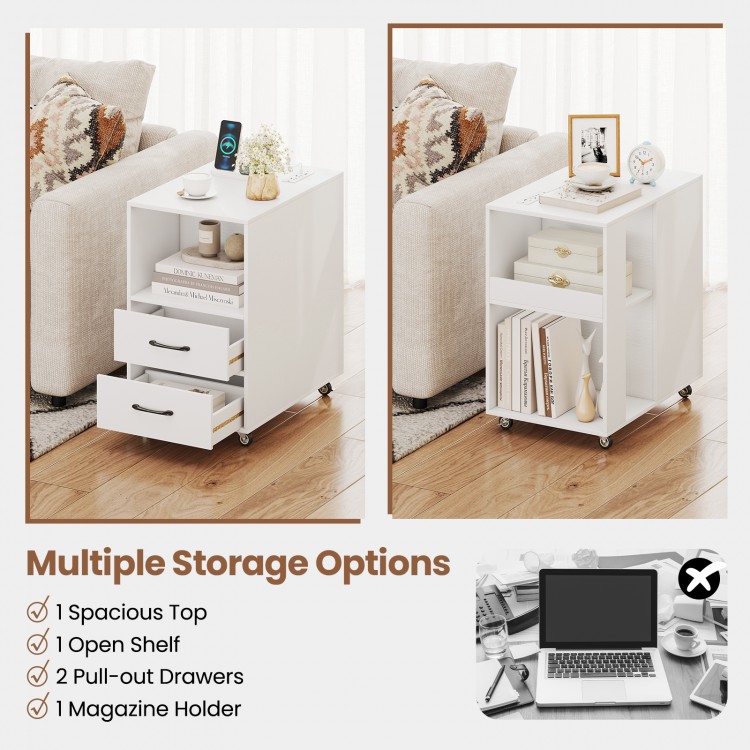 End table on wheels with built-in charging station, two drawers, and spacious top for versatile storage solutions.