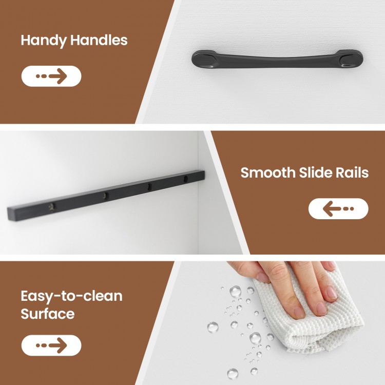 Handy handles and smooth slide rails on the white end table with built-in charging station for easy drawer access.
