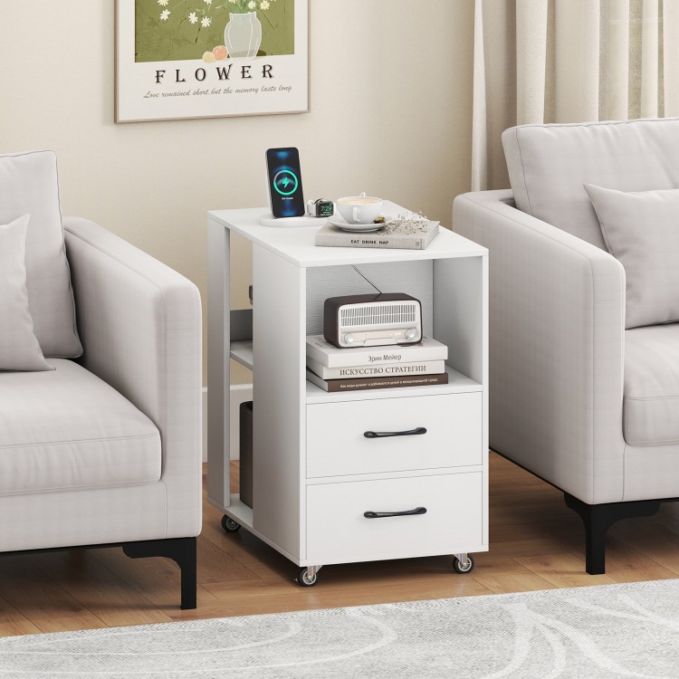 End table with built-in charging station, two drawers, and wheels for easy movement, perfect for bedside or sofa side.