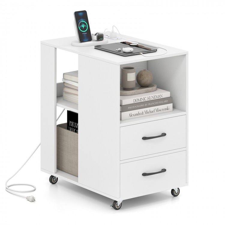 White end table on wheels with built-in charging station, two drawers, and three open shelves for versatile storage.