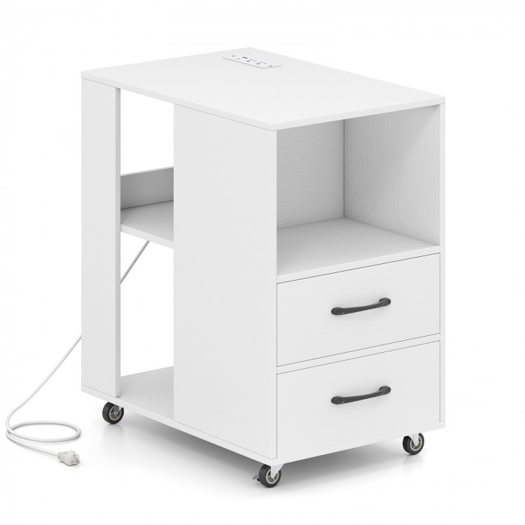 White end table on wheels featuring a built-in charging station, two drawers, and three open shelves for versatile.