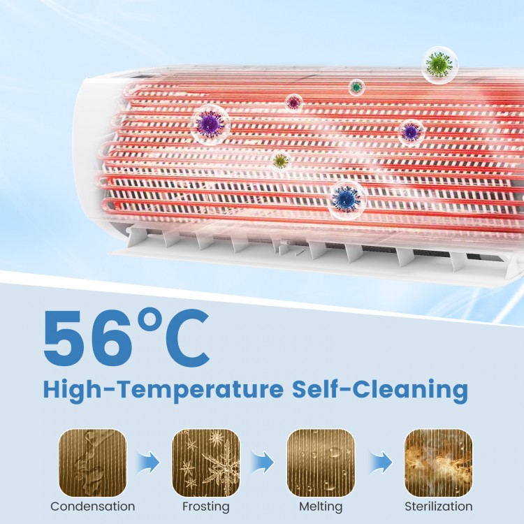 Energy-efficient mini split AC/heater with 56℃ self-cleaning feature for optimal performance and maintenance.