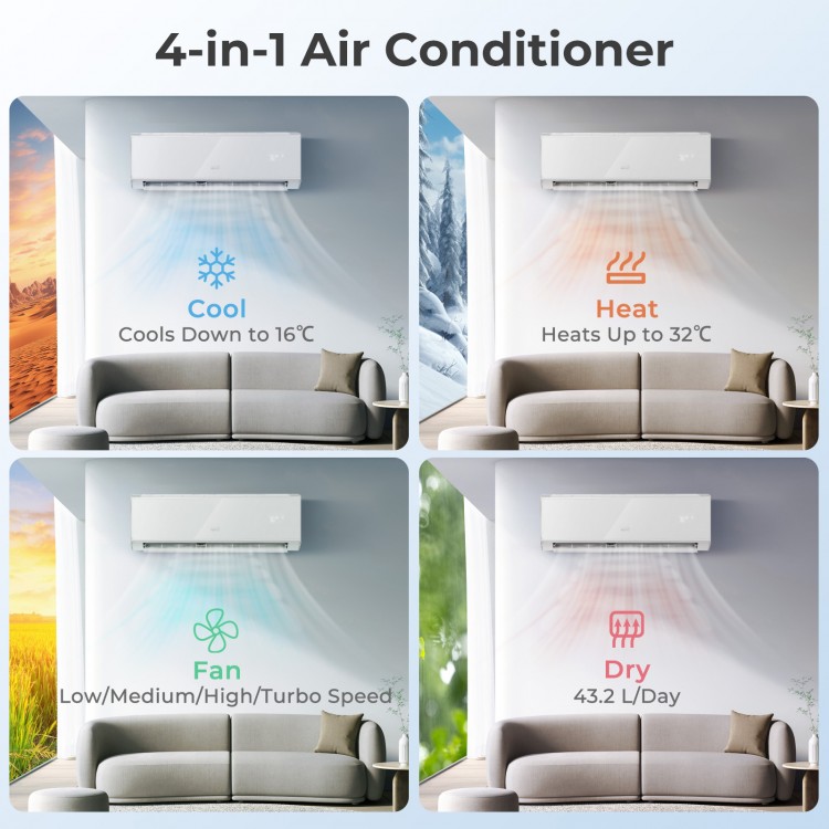 4-in-1 mini split air conditioner and heater showing cooling, heating, fan, and drying functions for versatile climate.