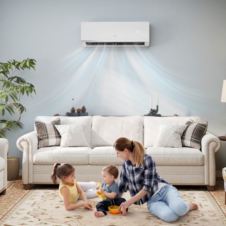 Mini split heat pump in a living room, providing efficient heating and cooling for family comfort.