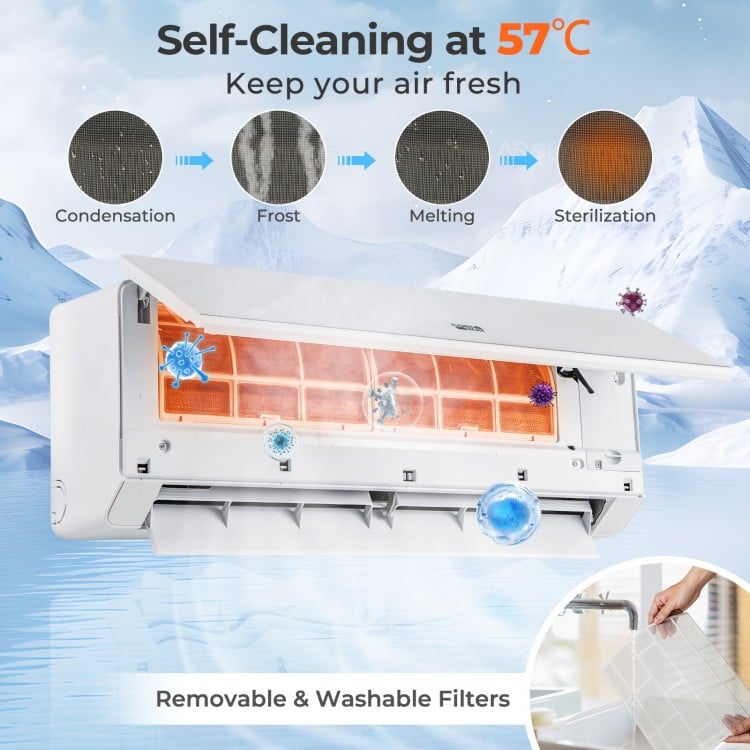 Self-cleaning mini split heat pump with removable filters, showcasing frost and sterilization features for fresh air.