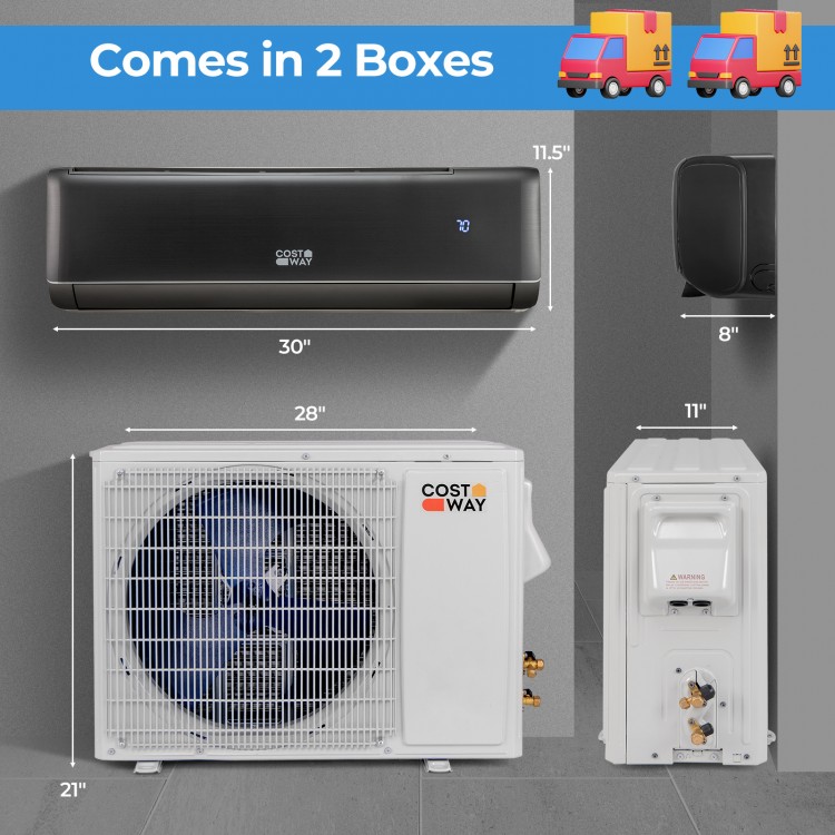 Mini split air conditioner and heater with 12000 BTU, Energy Star certified, shown with dimensions for easy.