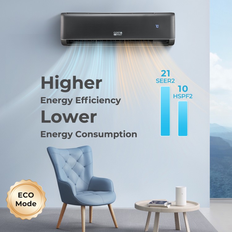 Mini split air conditioner and heater in gray, featuring 12000 BTU, 21 SEER2, and energy-efficient inverter technology.
