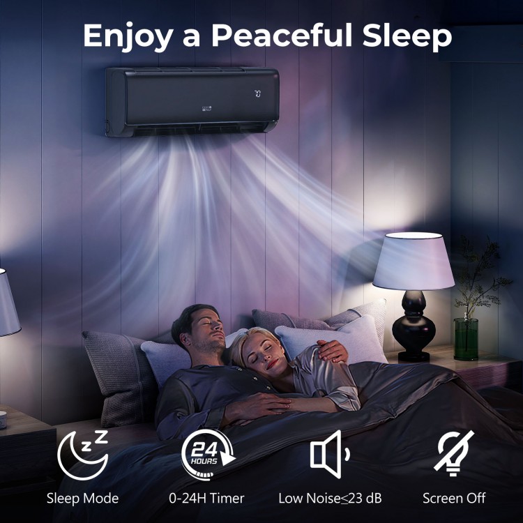 Mini split air conditioner and heater in gray, featuring 12000 BTU, quiet sleep mode, and remote control for easy.