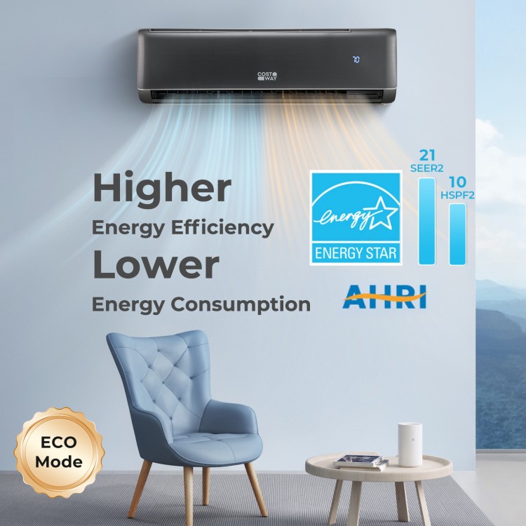Mini split air conditioner in gray with WiFi, Energy Star certified, 24000 BTU, for efficient cooling and heating.