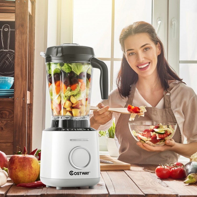 Countertop blender with 64oz BPA-free jar, 1500W motor, 10 speeds, and 6 preset programs for versatile blending.