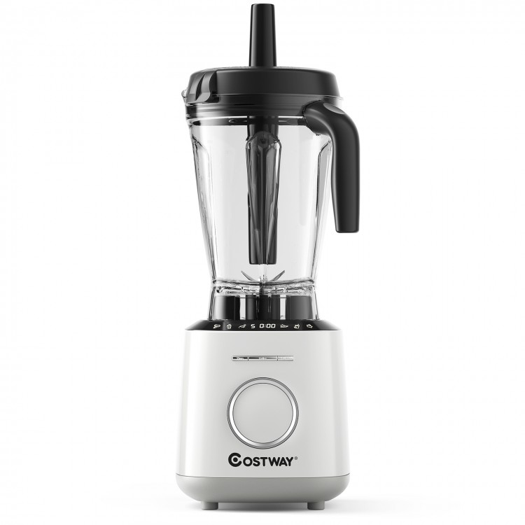 1500W countertop blender featuring a detachable measuring cup and pulse function for precise ingredient addition.