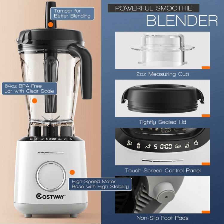 1500W countertop smoothie blender with a 64oz BPA-free jar, touch-screen control, and 6 pre-set programs for versatile.