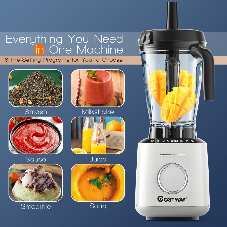 1500W countertop blender with 64oz BPA-free jar, featuring 6 pre-setting programs for smoothies, juices, and soups.