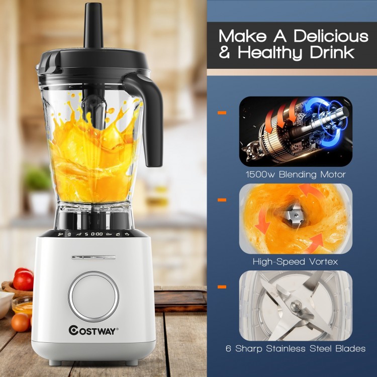 1500W countertop blender with a 64oz BPA-free jar, 10 speeds, and 6 preset programs for versatile blending.