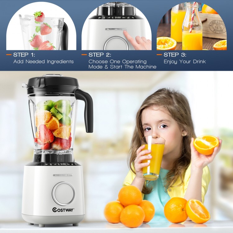 1500W countertop blender with 64oz BPA-free jar, showcasing fruits and juice for smoothies and versatile blending.