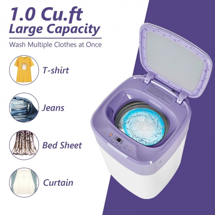 Portable purple washing machine with 1.0 cu.ft capacity, featuring 6 wash programs and child lock for safety.