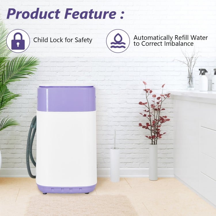 Portable 8lbs washing machine in purple with child lock and automatic water refill, ideal for apartments and RVs.